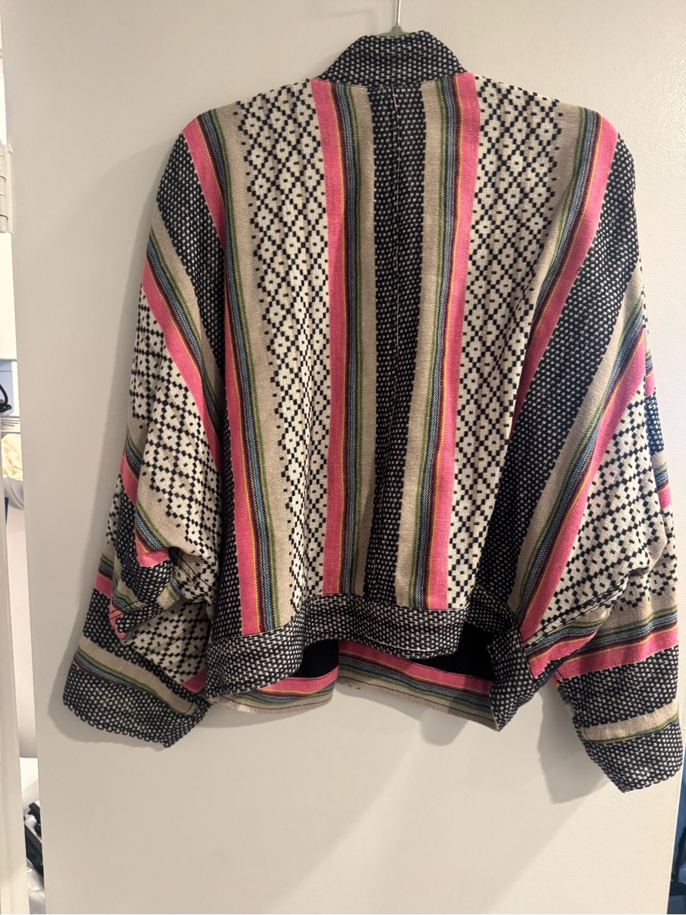 Free People Striped Open Front Bomber Jacket Pink Black Cream M/L Boho Knit - Picture 6 of 6